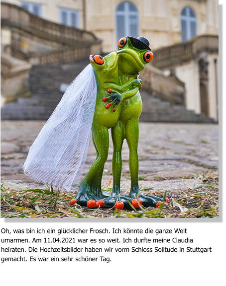 Oh, was bin ich ein glücklicher Frosch. Ich könnte die ganze Welt umarmen. Am 11.04.2021 war es so weit. Ich durfte meine Claudia heiraten. Die Hochzeitsbilder haben wir vorm Schloss Solitude in Stuttgart gemacht. Es war ein sehr schöner Tag.