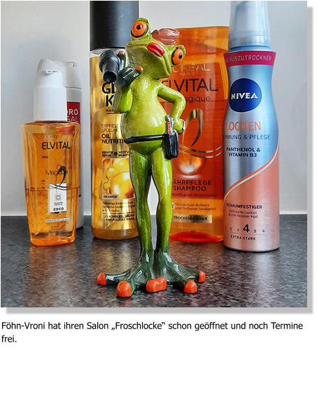 Föhn-Vroni hat ihren Salon „Froschlocke“ schon geöffnet und noch Termine frei.