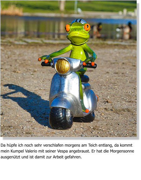 Da hüpfe ich noch sehr verschlafen morgens am Teich entlang, da kommt mein Kumpel Valerio mit seiner Vespa angebraust. Er hat die Morgensonne ausgenützt und ist damit zur Arbeit gefahren.