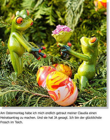 Am Ostermontag habe ich mich endlich getraut meiner Claudia einen Heiratsantrag zu machen. Und sie hat JA gesagt. Ich bin der glücklichste Frosch im Teich.