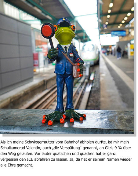 Als ich meine Schwiegermutter vom Bahnhof abholen durfte, ist mir mein Schulkamerad Valentin, auch „die Verspätung“ genannt, an Gleis 9 ¾ über den Weg gelaufen. Vor lauter quatschen und quacken hat er ganz vergessen den ICE abfahren zu lassen. Ja, da hat er seinem Namen wieder alle Ehre gemacht.