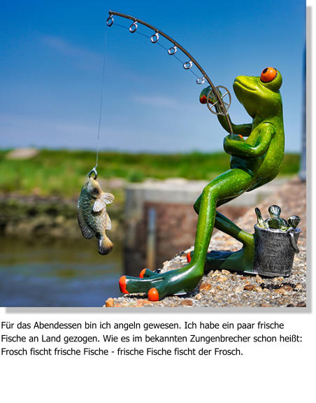 Für das Abendessen bin ich angeln gewesen. Ich habe ein paar frische Fische an Land gezogen. Wie es im bekannten Zungenbrecher schon heißt: Frosch fischt frische Fische - frische Fische fischt der Frosch.