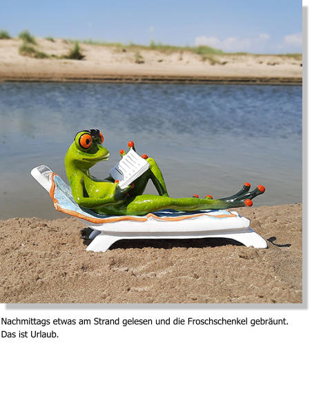 Nachmittags etwas am Strand gelesen und die Froschschenkel gebräunt. Das ist Urlaub.