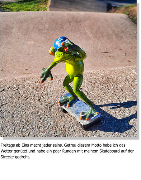 Freitags ab Eins macht jeder seins. Getreu diesem Motto habe ich das Wetter genützt und habe ein paar Runden mit meinem Skateboard auf der Strecke gedreht.